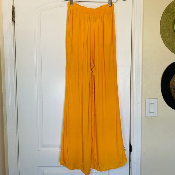 Forever 21 Golden Yellow Flowy High Waisted Linen Pants (Swim Coverup Bottoms) L - Picture 7 of 7